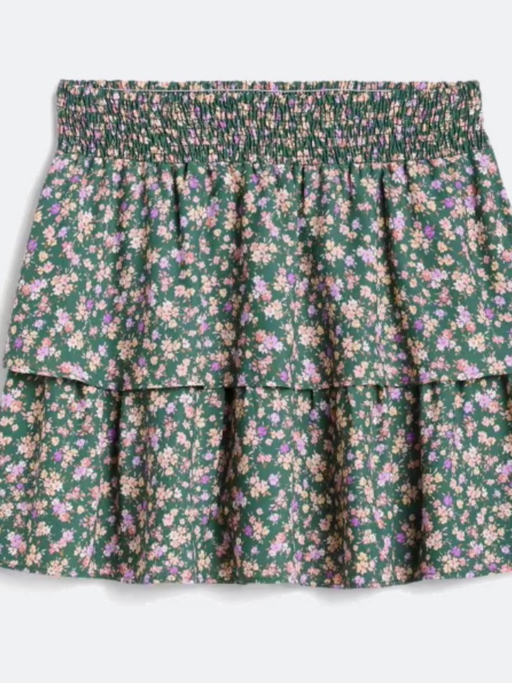 Smocked Waist Green Floral Tiered Mini Skirt